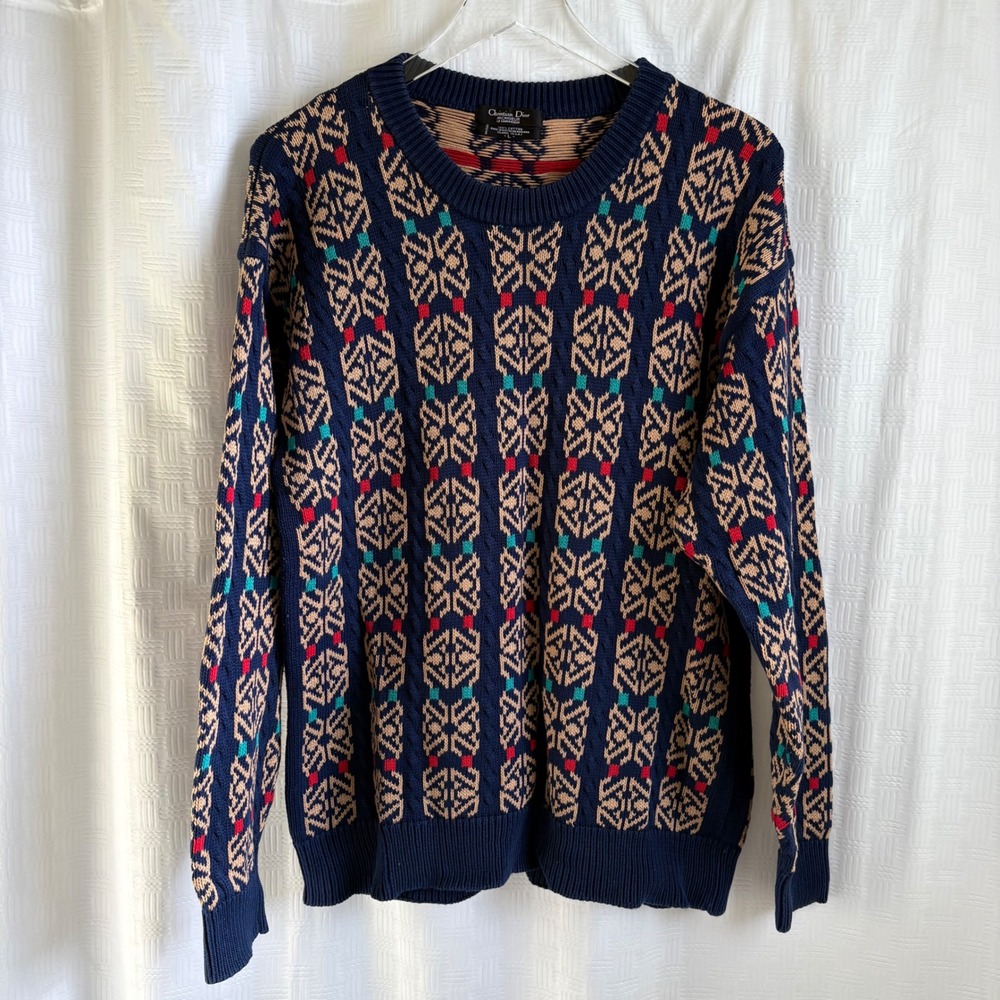 Vintage Christian Dior Monsieur Cotton Knit Geometric Sweater Navy Blue Large